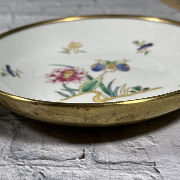 Vintage White Pink Butterfly Porcelain Brass Style Metal Trinket Bowl Hong Kong - Picture 2 of 14